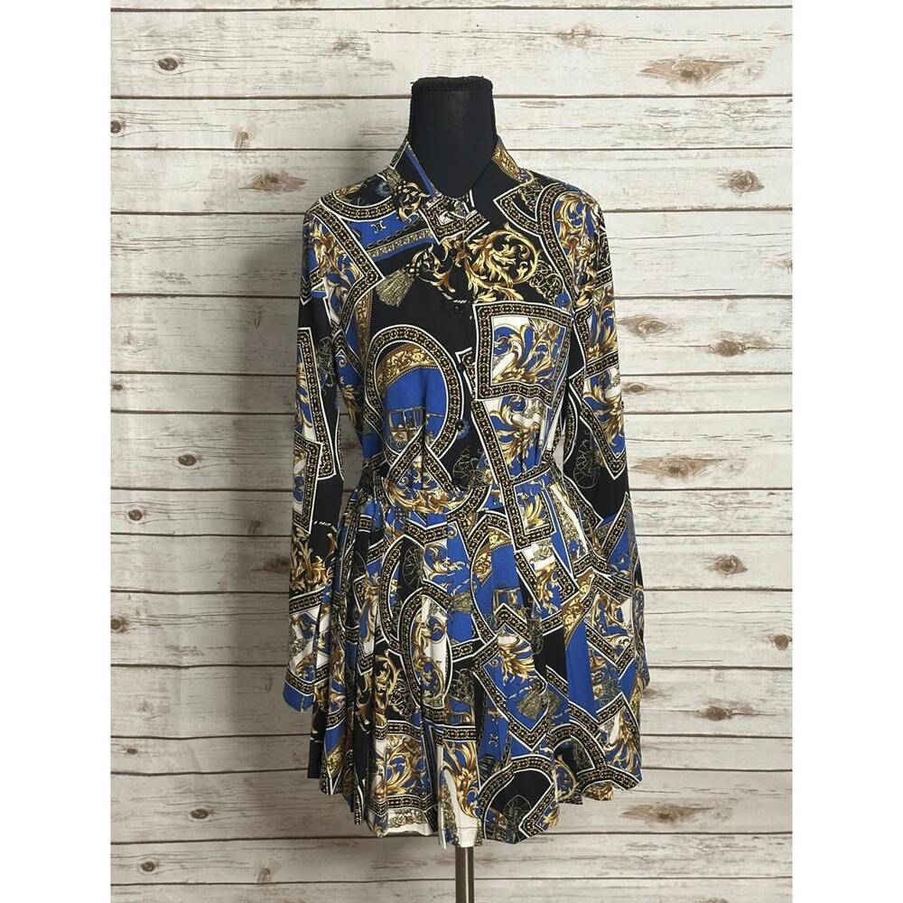 Fashion Nova baroque-style long sleeve button-up shirt/pleated skirt set Size S